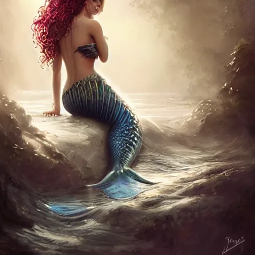 Prompt: beautiful mermaid with curly hair, magical details, magical atmosphere, digital art, matte painting, concept art, devianart, cinematic lighting, hyper - detailed, cgsociety, 3 - d 8 k, high resolution, in the style of charlie bowater, tom bagshaw, alexis franklin, elena masci, pawel rebisz