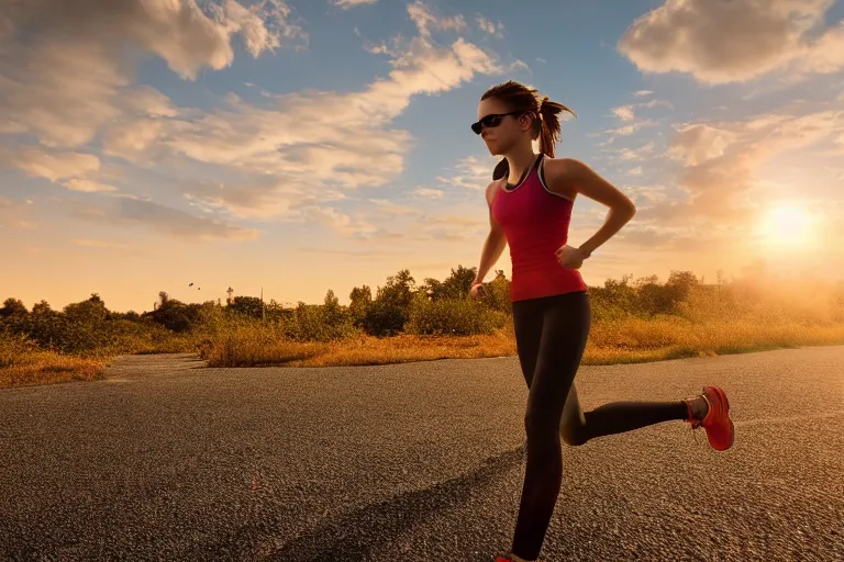 Image similar to emma watson run, ultra realistic!!!, hdr, clear weather, golden hour, sharp focus