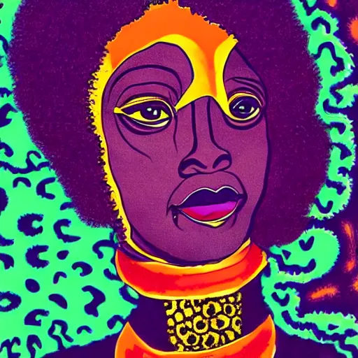 Image similar to Georgia Anne Muldrow, afro-psychedelia, afrocentric mysticism, in the style of Jack Gaughan