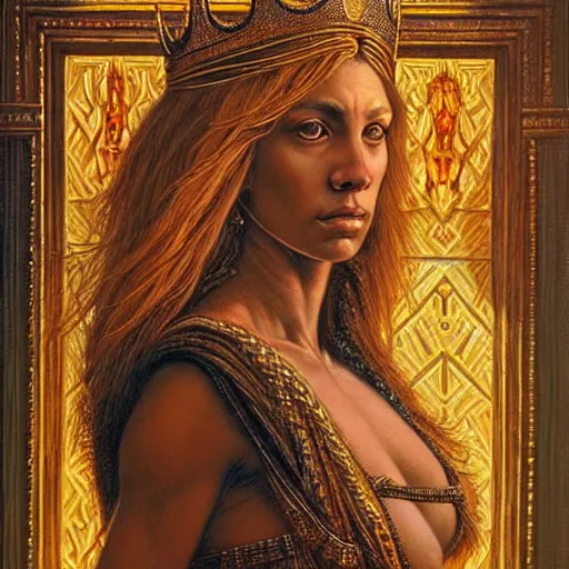 Image similar to highly detailed portrait of a majestic lioness queen in the form of a beautiful woman. d & d. art by donato giancola, brian bolland, ruan jia, steve mccurry. trending on artstation, intricate details, energetic composition, golden ratio, concept art, illustration, elegant art, global illuminaition