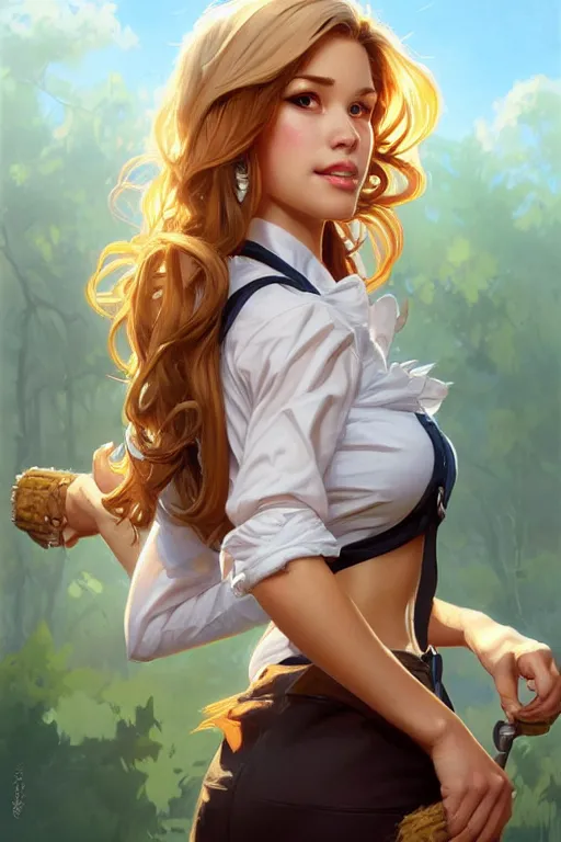 Prompt: clear portrait of a attractive hooters waitress, cottagecore!!, background hyper detailed, character concept, full body, dynamic pose, intricate, elegant, highly detailed, digital painting, artstation, concept art, smooth, sharp focus, illustration, art by artgerm and greg rutkowski and alphonse mucha