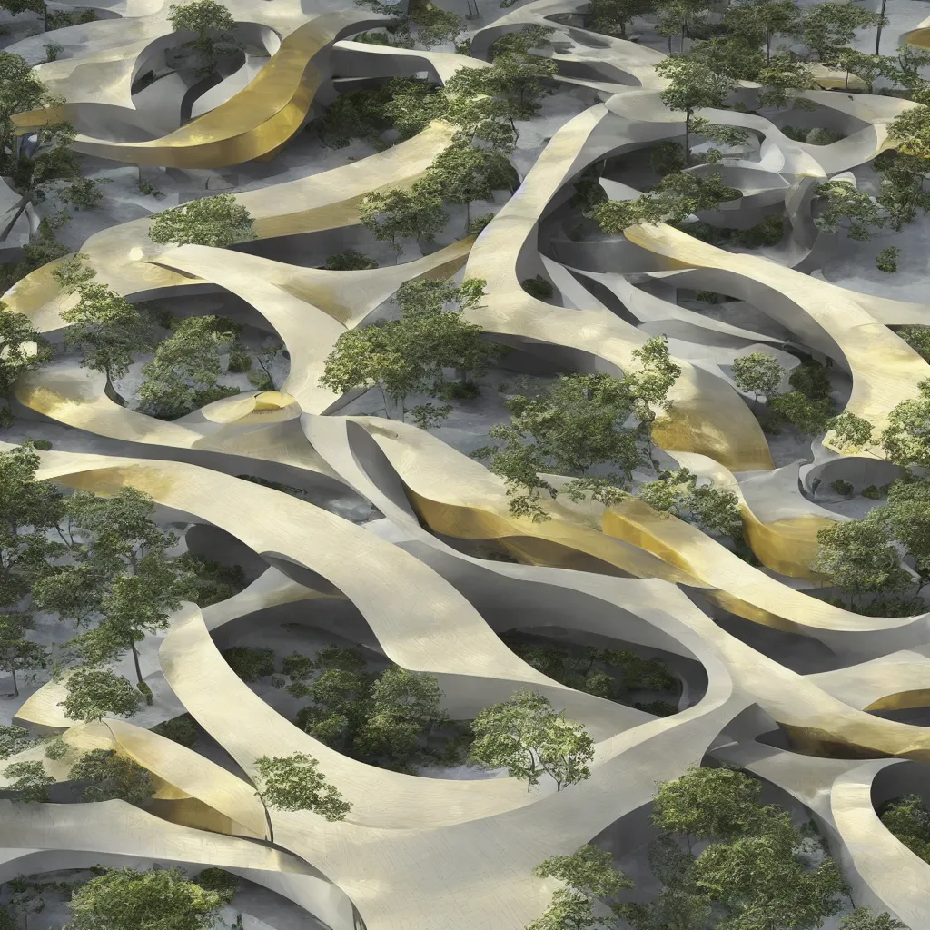 Image similar to “ an incredibly smooth curvilinear architectural complex spatial sculpture, unfolding continuously golden surfaces enclose a visually interesting japanese zen garden designed by zaha hadid, architecture render, vray ”