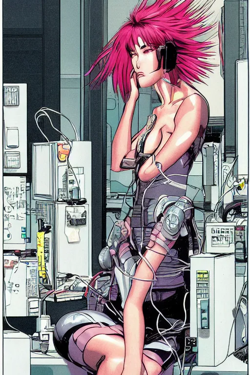 Image similar to cyberpunk illustration of motoko kusanagi seated in the lab, with wires and cables coming out of her head and back, by moebius, masamune shirow and katsuhiro otomo, colorful, detailed, side view