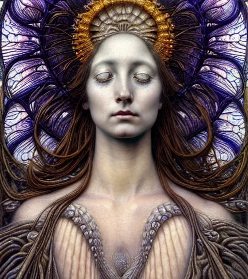 Image similar to detailed realistic beautiful nerite goddess face portrait by jean delville, gustave dore, iris van herpen and marco mazzoni, art forms of nature by ernst haeckel, art nouveau, symbolist, visionary, gothic, neo - gothic, pre - raphaelite, fractal lace, intricate alien botanicals, ai biodiversity, surreality, hyperdetailed ultrasharp octane render