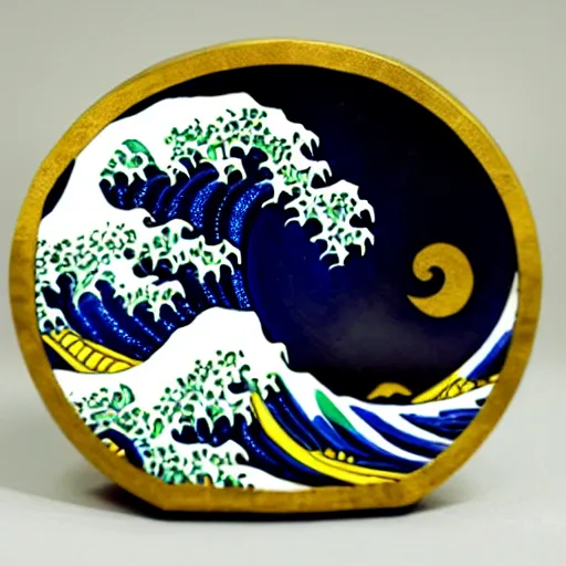 Image similar to carved diorama of the great wave off kanagawa made of marble with jade and gold insets