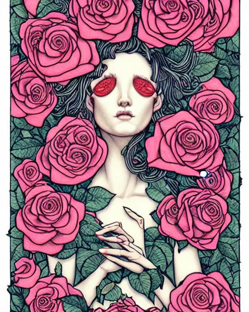 Prompt: lady overgrown with roses tarot card by james jean, masterpiece, intricate, very detailed, realistic eyes, abstract, vivid, aesthetic