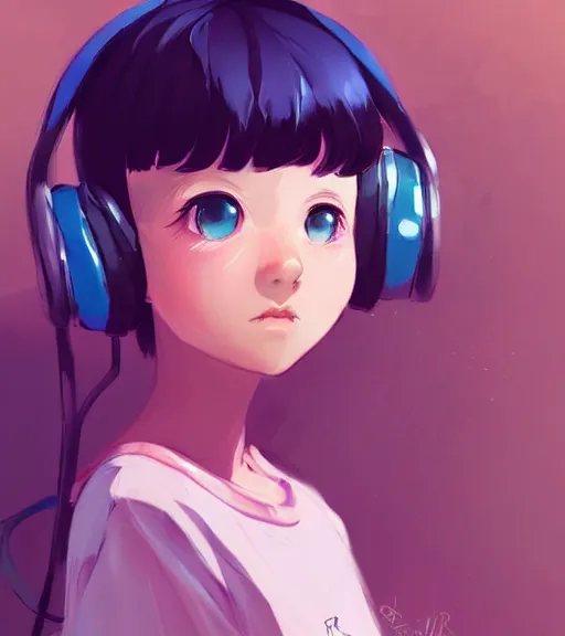 Image similar to beautiful little girl character inspired by 9 0's fashion and by madeline from celeste, art by rossdraws, wlop, ilya kuvshinov, artgem lau, sakimichan and makoto shinkai, concept art, headphones, anatomically correct, very coherent