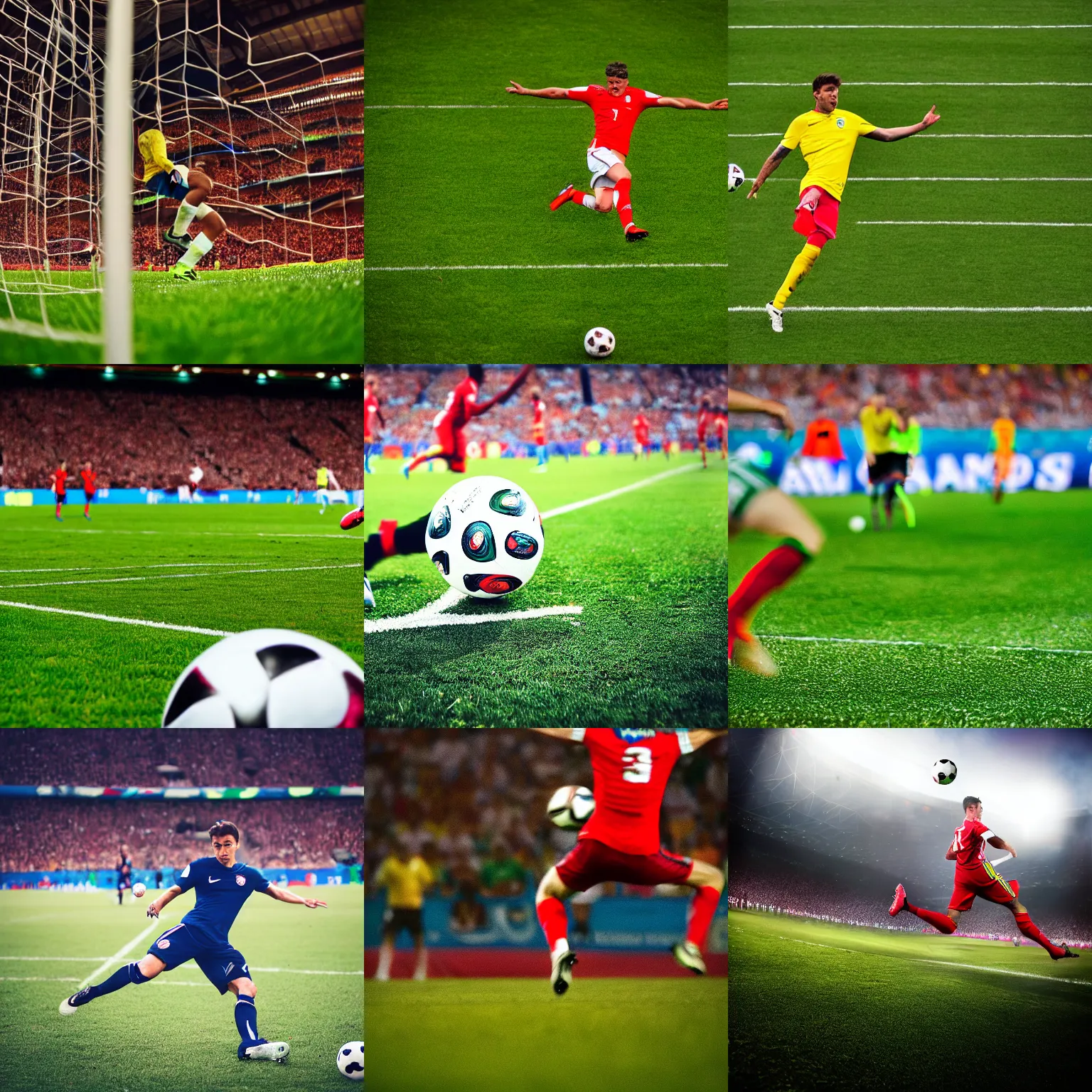 Prompt: Footballer about to kick a ball into a goal, high shutter speed, sports photography, taken from behind, at the World Cup