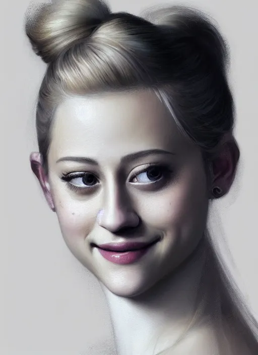 Image similar to portrait of lili reinhart with fluffy bangs, smiling kindly, bangs, 1 9 6 0 s, ponytail, fluffy bangs and ponytail, intricate, elegant, glowing lights, highly detailed, digital painting, artstation, concept art, smooth, sharp focus, illustration, art by wlop, mars ravelo and greg rutkowski