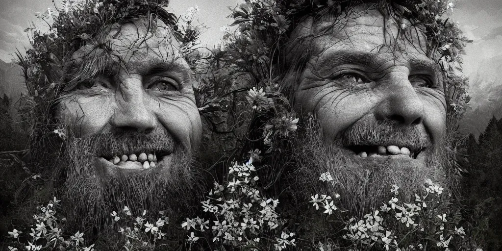 Image similar to old alpine famers head being overgrown by edelweiss, smiling, dolomites, dark, eerie, despair, portrait photography, artstation, digital art, adward winning, concept art, artstation, highly detailed, sharp focus, by caravaggio