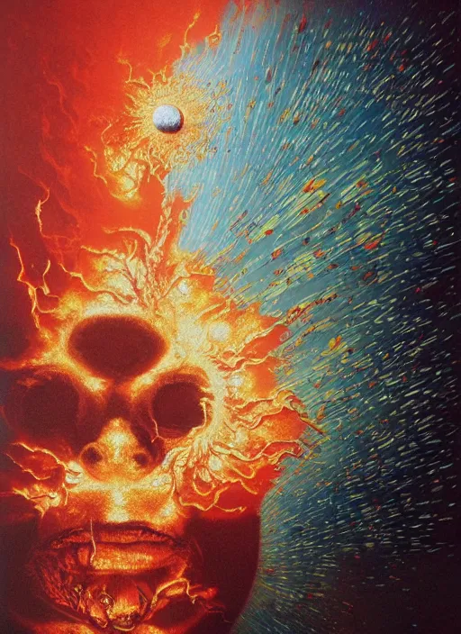 Image similar to exploding, cracking, colliding, smashing planets and moons engulfed in flames in the style of, pascal blanche, surreal, beksinski, damien hirst, high detailed