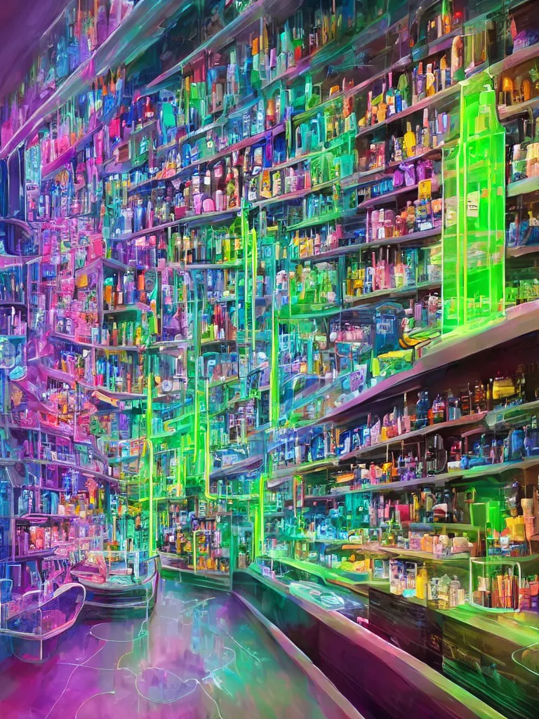 Prompt: neon glowing liquid spilling from glass tubes all over the shelves by disney concept artists, blunt borders, rule of thirds