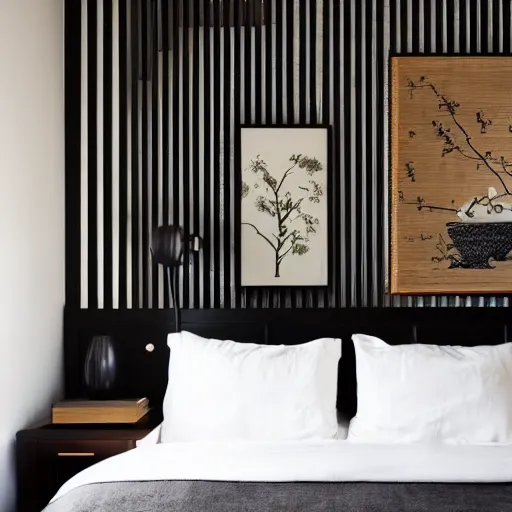 Image similar to bedroom, interior design, stylish luxury hotel bedroom design, yakisugi, black vertical slatted timber, textures, feminine, black walls, art, Japanese pottery vase with flowers, kakejiku Japanese scroll, seasonal, Japanese influences