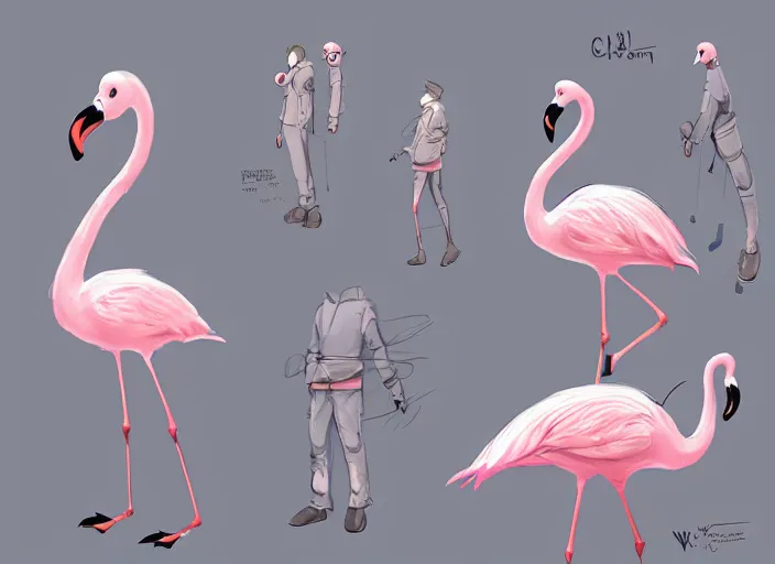 Image similar to award - winning detailed concept art of a cute iconic anthropomorphic flamingo character wearing a sweater. art by wlop on bcy. net, realistic. detailed feathers, art by cheng yi. artstationhd, artgerm, 3 dcg, pixar zootopia. 3 d rendering, high quality model sheet, donald. model sheet detailed