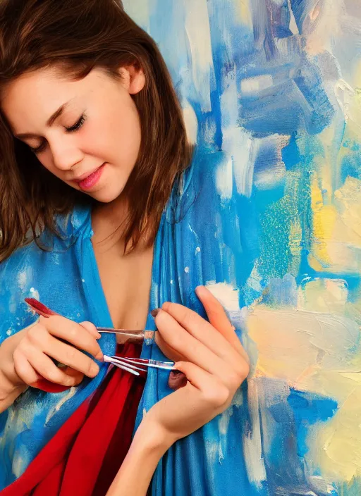 Prompt: a beautiful detailed photo of a girl paining her clothes on with oil paint, realistic, f 8, 4 k hd wallpaper