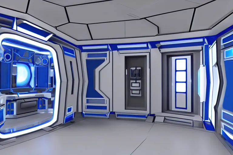 Image similar to futuristic tardis interior stylized like portal 2