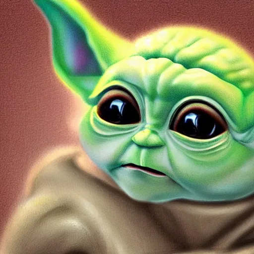 Image similar to portrait of baby yoda, highly detailed, centered, solid color background, digital painting