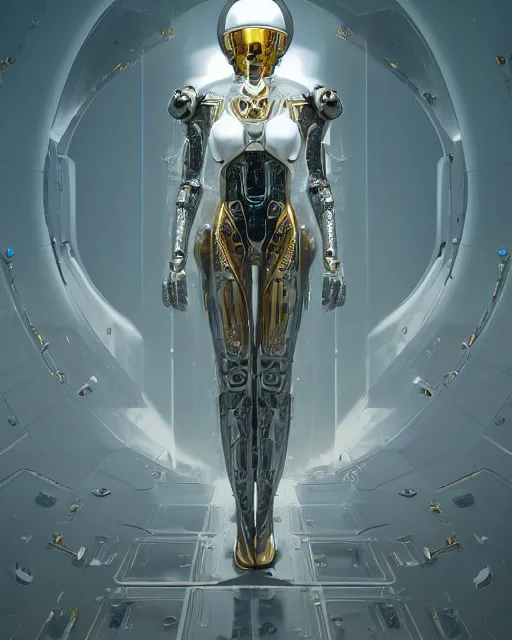 Image similar to portrait of a cyborg, necromancer, benevolent, scifi, futuristic, elegant clothing, intelligent, alien room background, white, blue, gold, highly detailed, trending on artstation, soft light, holy machine, advanced technology, art by vitaly bulgarov and nivanh chanthara