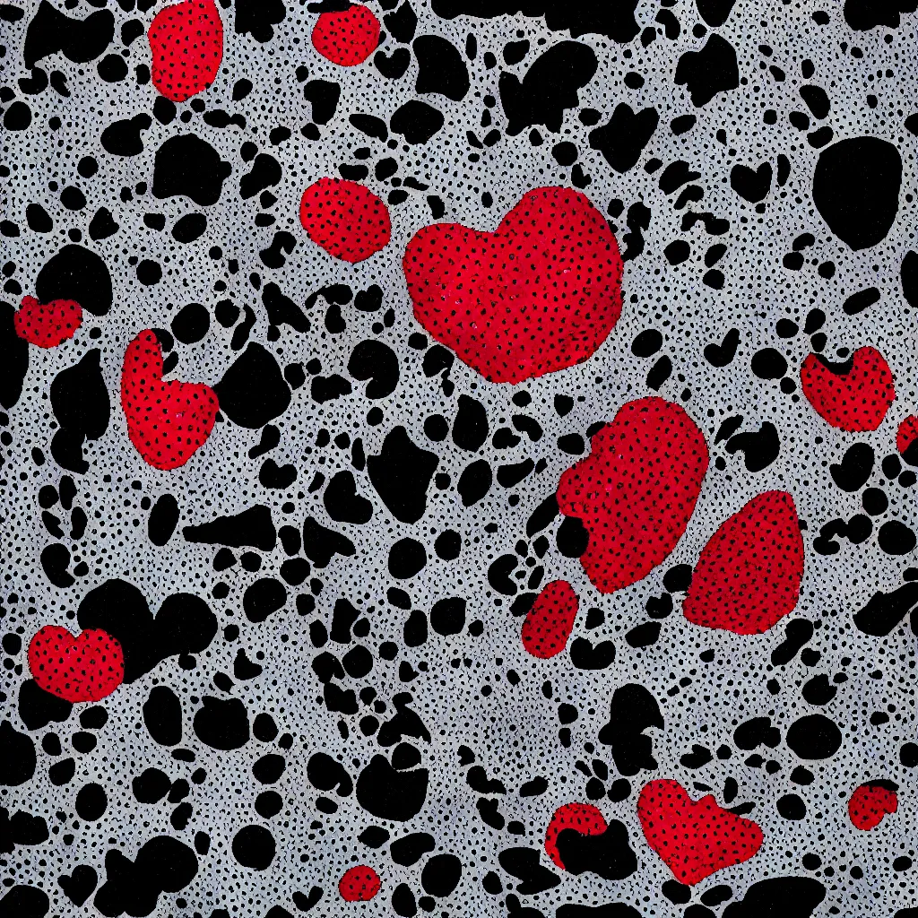 Image similar to camo made of teeth, smiling, abstract, rei kawakubo artwork, cryptic, dots, stipple, lines, splotch, color tearing, pitch bending, color splotches, hearts, dark, ominous, eerie, minimal, points, strawberries, technical, old painting