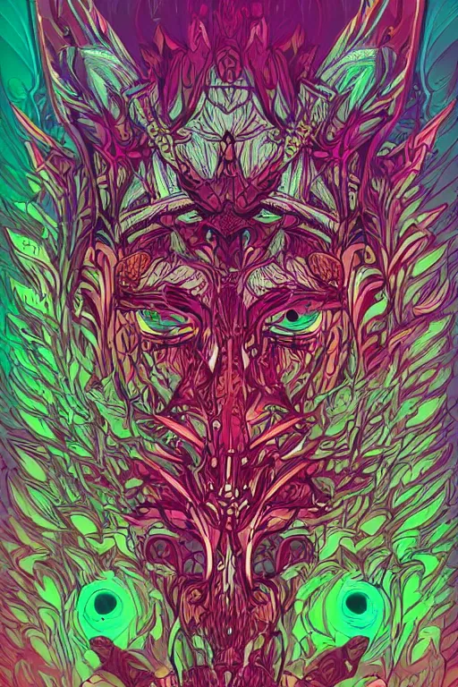 Image similar to animal mask totem roots tribal feather gemstone plant wood rock shaman vodoo video game vector illustration vivid multicolor borderlands comics by josan gonzales and dan mumford radiating a glowing aura