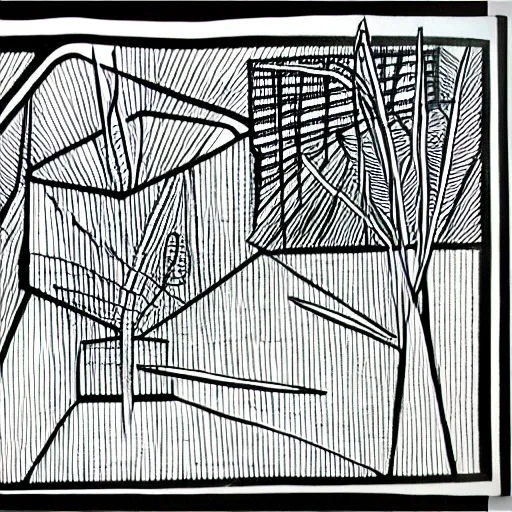 Image similar to a sharpie drawing of a bauhaus plant garden