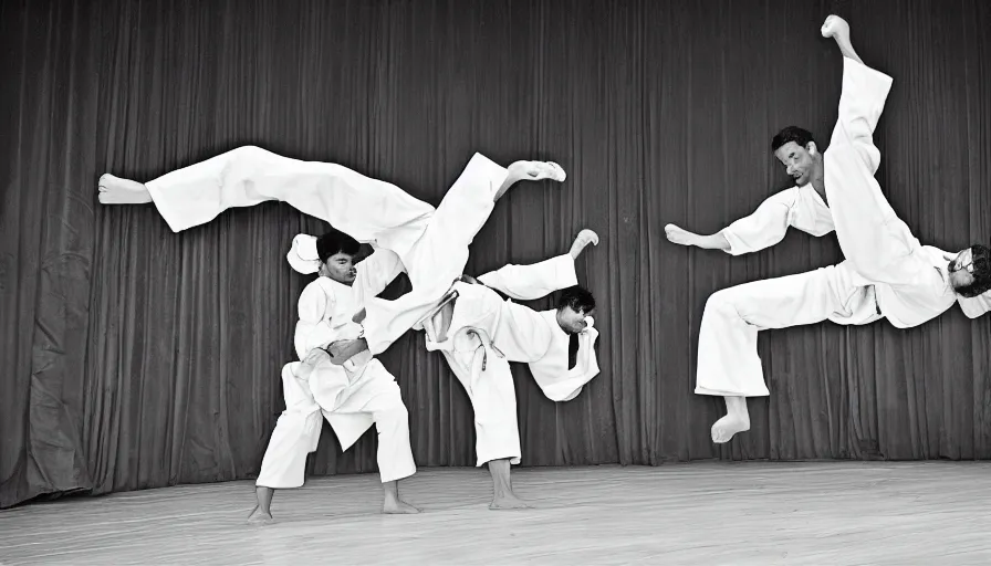 Image similar to capoeira roda in theatre museum dali, national geographic photography,