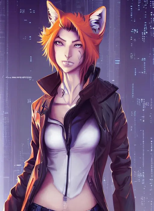 Prompt: beautiful portrait of a sexy female anthro coyote fursona wearing mechanic clothes in a cyberpunk industrial city. character design by charlie bowater, ross tran, artgerm, and makoto shinkai, detailed, inked, manga cover.