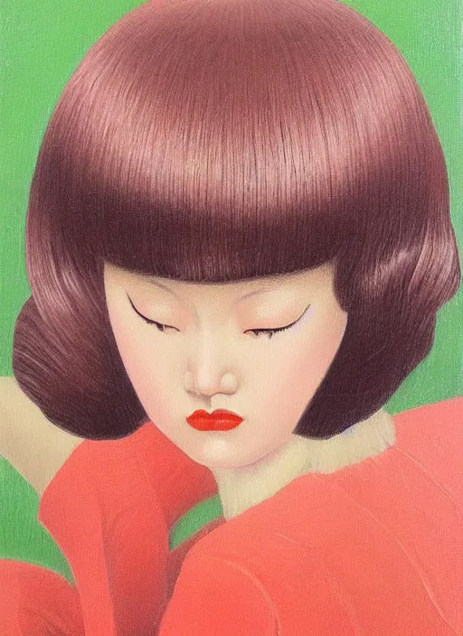 Image similar to painting of a japanese woman with bangs, kitsch, by vladimir tretchikoff