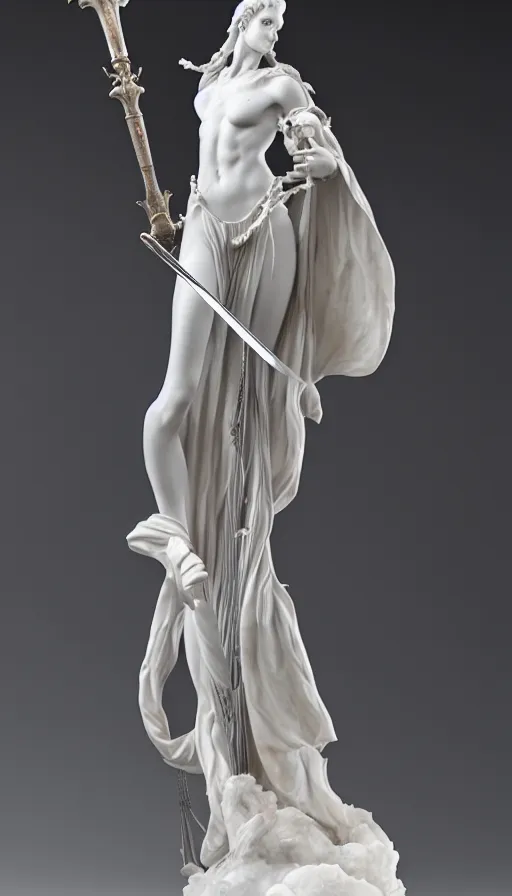 Image similar to a statue of a woman holding a sword, a marble sculpture by ayami kojima, cgsociety, les automatistes, made of plastic, made of liquid metal, marble sculpture