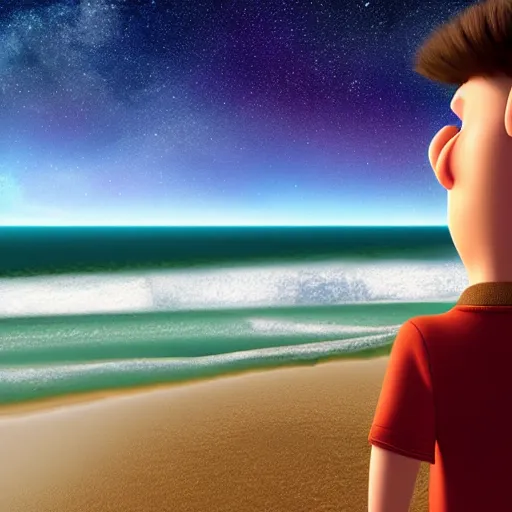 Prompt: young man looking over a cliff at the sea with wind in his hair. pixar animated style. there are stars and galaxies glowing beautifully in the sky.