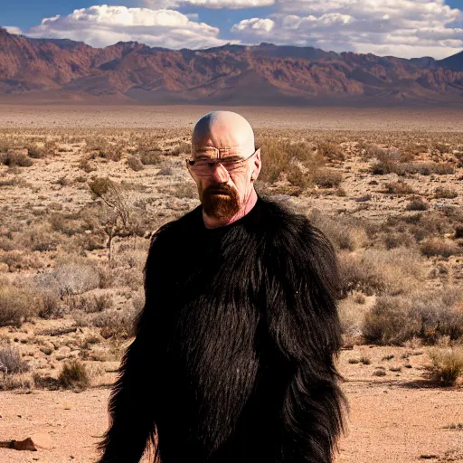 Image similar to A photo of Walter White wearing a gorilla suit, cinematic lighting, New Mexico desert