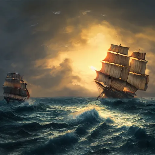 Prompt: two pirates on a sloop, heavy winds, huge waves, sunset, dramatic lighting, digital art, behance, artstation, hd