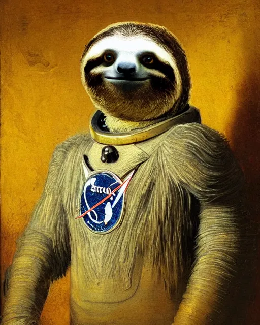 Prompt: sloth cosmonaut, proudly posing for a portrait, painted by rembrandt, intricate, detailed, atmospheric lighting, golden hour.