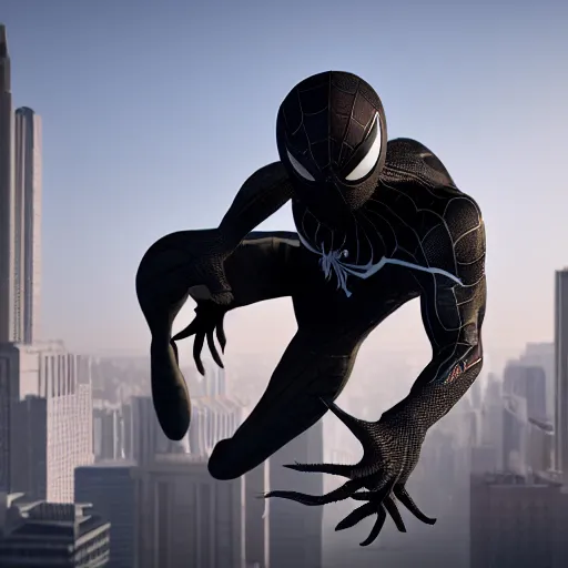 Image similar to a single venom and spider - man hybrid, dslr, cinematic, volumetric lighting, 8 k resolution, photorealistic