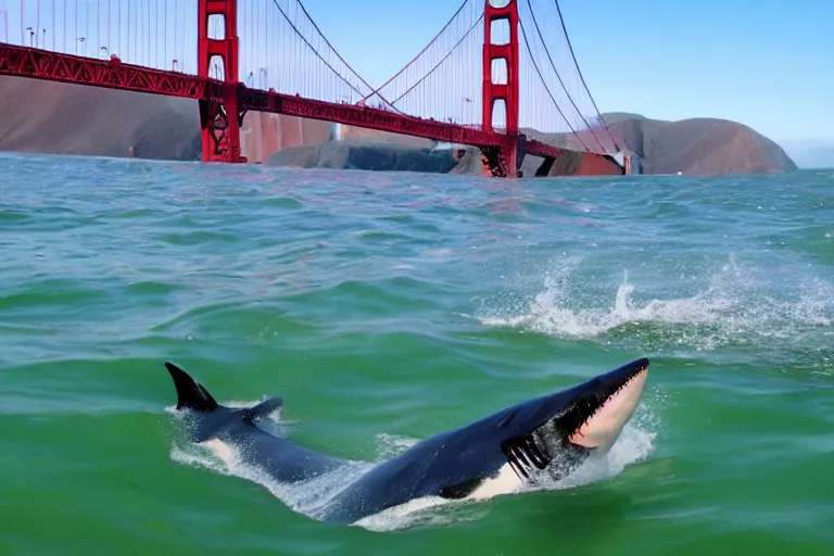 Image similar to golden gate bridge with sharks in water,