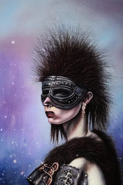 Prompt: hyperrealism oil painting, close - up portrait of punk gothic medieval brunette fashion model, knight, steel gradient mixed with nebula sky, in style of baroque