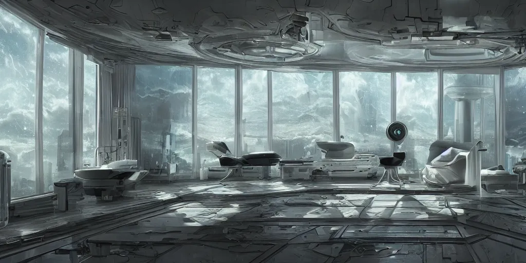 Image similar to artstation scifi scene of a safe like ikea ad, bathroom furniture, room ceiling sky mural, holographic glitchart walls, windows, large terrarium, paneled walls, unreal engine 5, hyper realism, realistic shading, cinematic composition, blender rendering, octane rendering, hdr, detailed textures, photorealistic, wide shot