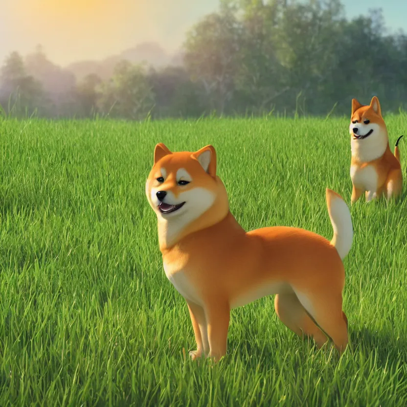 Prompt: disney pixar render of a handsome shiba - inu in grassy field with forest in the background, cinematic lighting, octane render 8 k