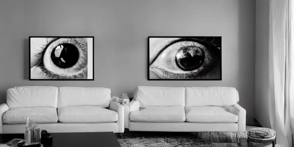 Image similar to photograph of a white leather couch with a huge photograph of a human eye on the wall behind it, ultra wide angle lens, hyperreal, super sharp photography