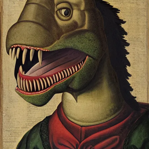 Prompt: portrait of an anthropomorphic tyrannosaurus rex, dressed as an italian noble, sandro bottecelli, 1 5 0 0