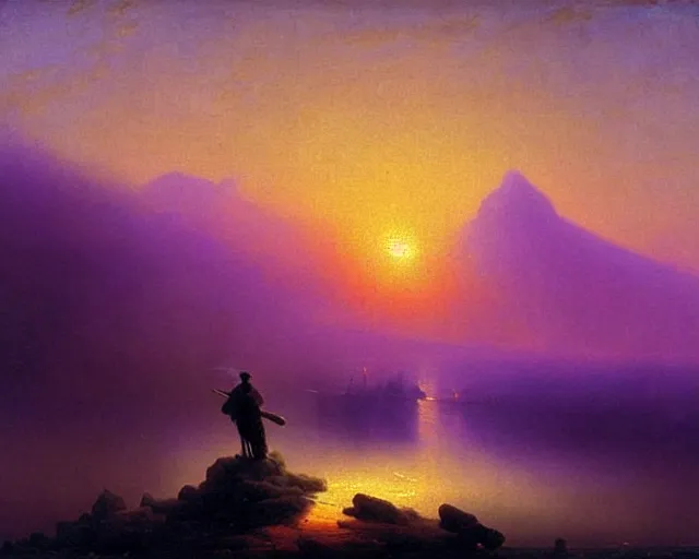 Image similar to clouds that look like mountains, figure with a guitar behind mist, sunrise, purple and blues, art by Ivan Aivazovsky