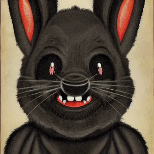 Prompt: A extremely highly detailed majestic hi-res beautiful, highly detailed head and shoulders portrait of a scary terrifying, horrifying, creepy black cartoon rabbit with scary big eyes, earing a shirt laughing, let's be friends, in the style of Walt Disney