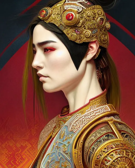 Prompt: portrait of a turkish masculine female cyberpunk machine, machine face, upper half portrait, decorated with ottoman opera motifs, muscular, asian, fine china, wuxia, traditional chinese art, intricate intense elegant, highly detailed symmetry headpiece digital painting artstation concept art smooth sharp focus illustration, art by artgerm and greg rutkowski alphonse mucha 8 k