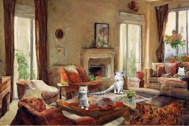 Prompt: Funny cat jumps in provence style living room, photorealism,