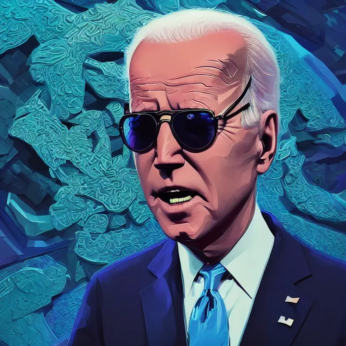 Prompt: portrait of Joe Biden wearing Pit Vipers. sunglasses. intricate abstract. intricate artwork. by Tooth Wu, wlop, beeple, dan mumford. octane render, trending on artstation, greg rutkowski very coherent symmetrical artwork. cinematic, hyper realism, high detail, octane render, 8k, iridescent accents