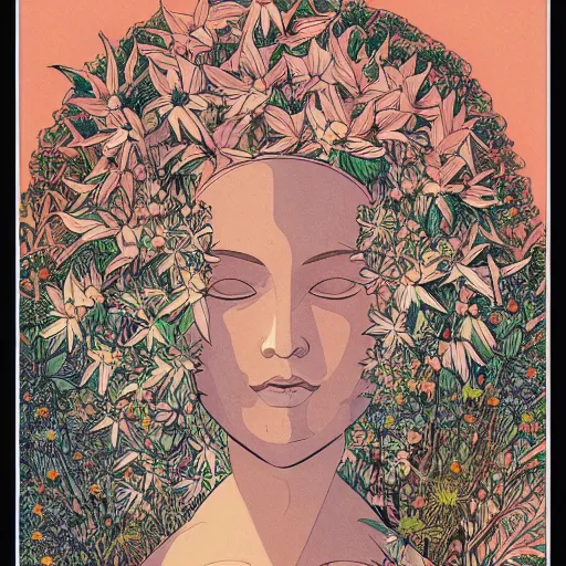 Image similar to an illustration of a beautiful garden forming the face of a beautiful goddess, painted by moebius and james jean