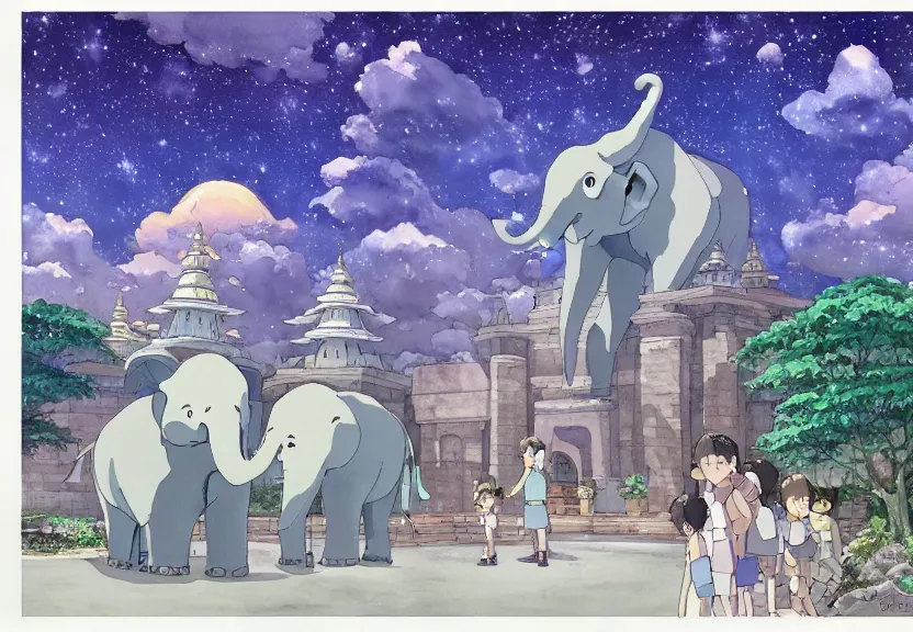 Image similar to a hyperrealist watercolor concept art from a studio ghibli film showing a giant grey dumbo the elephant. a temple is under construction in the background in india on a misty and starry night. by studio ghibli. very dull muted colors