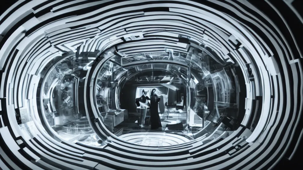 Image similar to an mri image open mri machine time tunnel portal in the living room, film still from the sci fi movie directed by denis villeneuve with art direction by salvador dali, wide lens