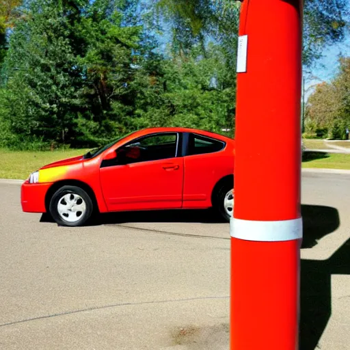 Prompt: 2007 red Chevy cobalt stuck atop a light post