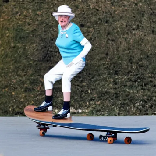 Image similar to queen elizabeth riding a skateboard